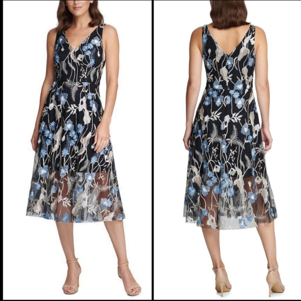 Vince Camuto Floral Embroidered Mesh Midi Dress V neck Front/Back Sz 2